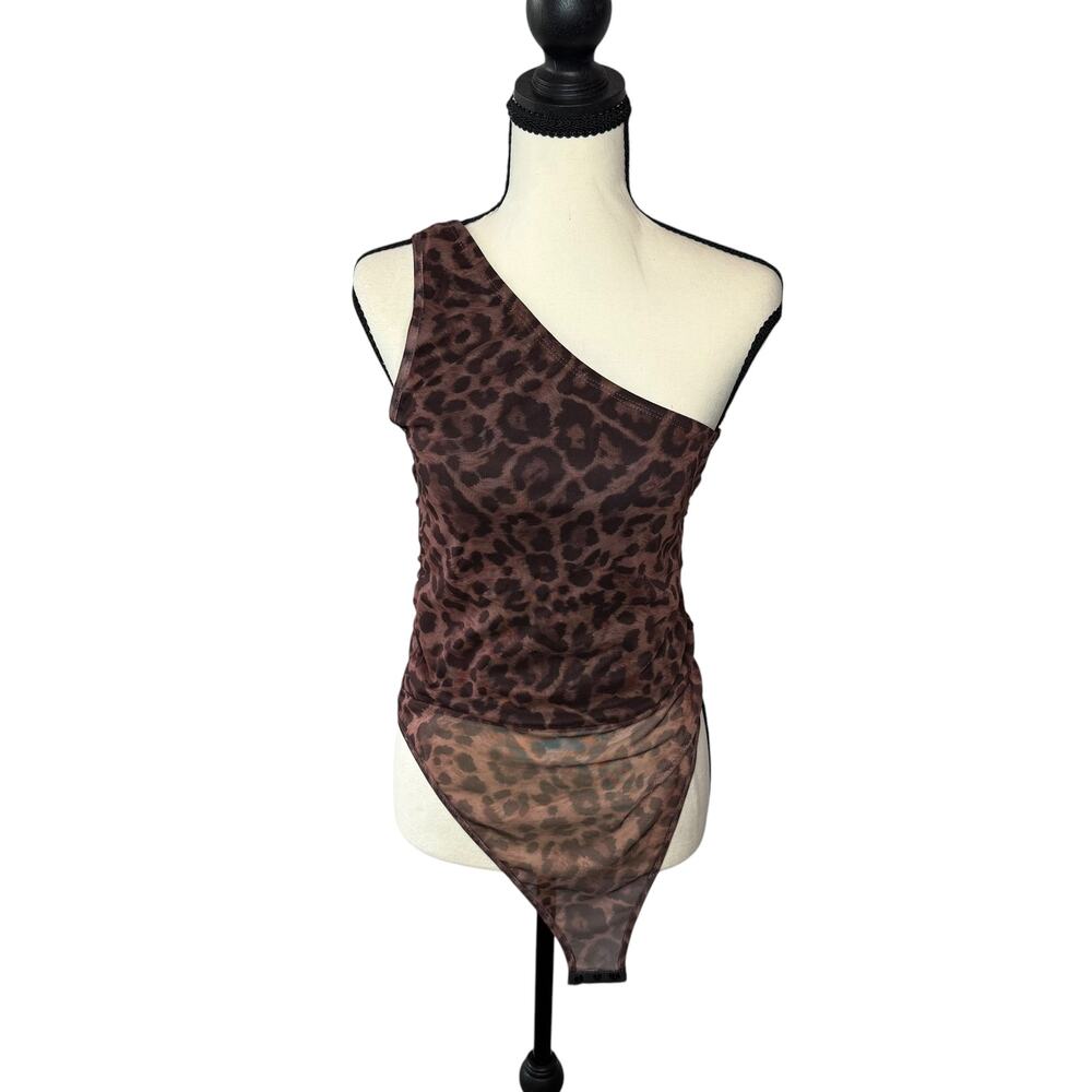 SHEIN Leopard Print One Shoulder Mesh Bodysuit Size M